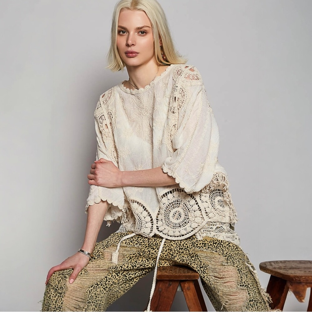 NWT POL Boho Cream with Crochet Lace Top - Picture 2 of 10